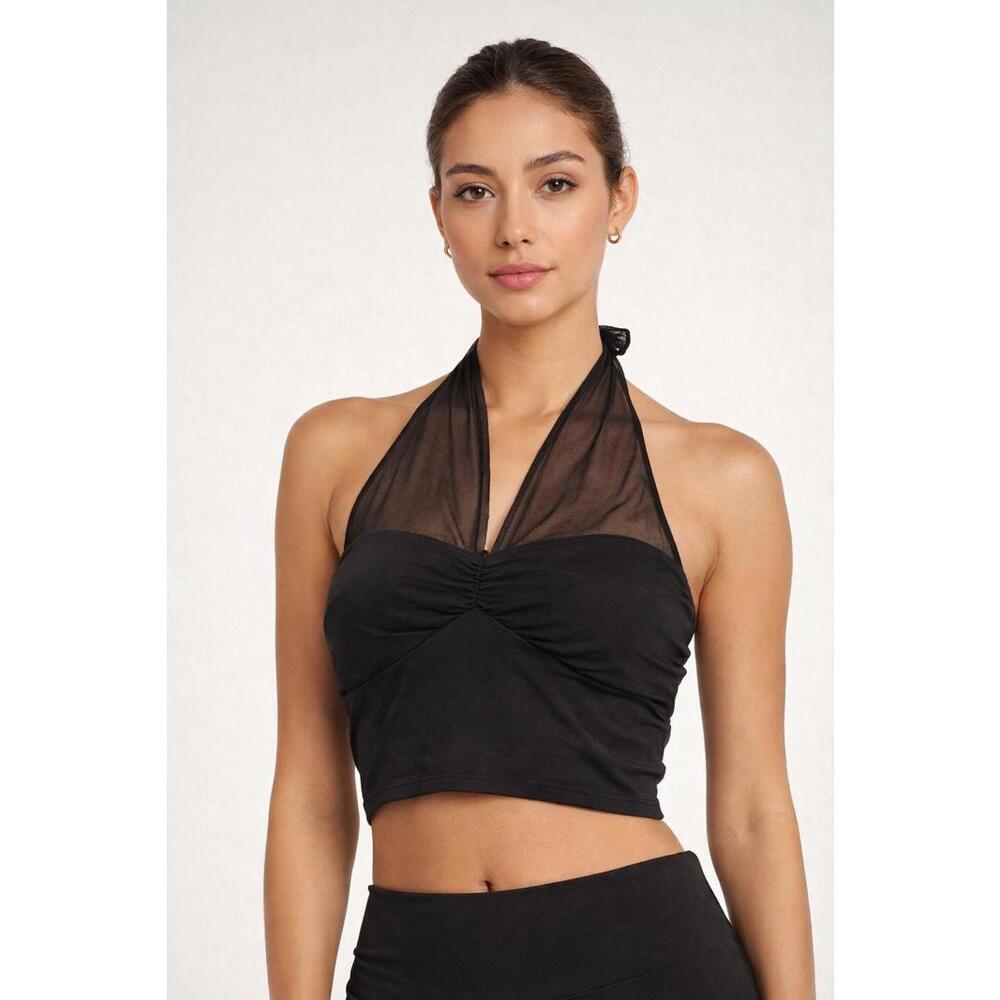 NWT Halara Black Mesh Halter Bandeau Crop Top Ruched Front Size XL
